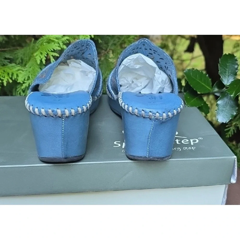 Spring Step Khyahey Blue Leather Laser Cut Wedge Sandals Mules Women 36 US 5.5-6